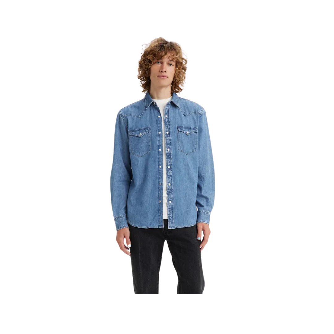 Levi Strauss Men's Classic Western Standard Fit Indigo Stone Wash Blue Shirt