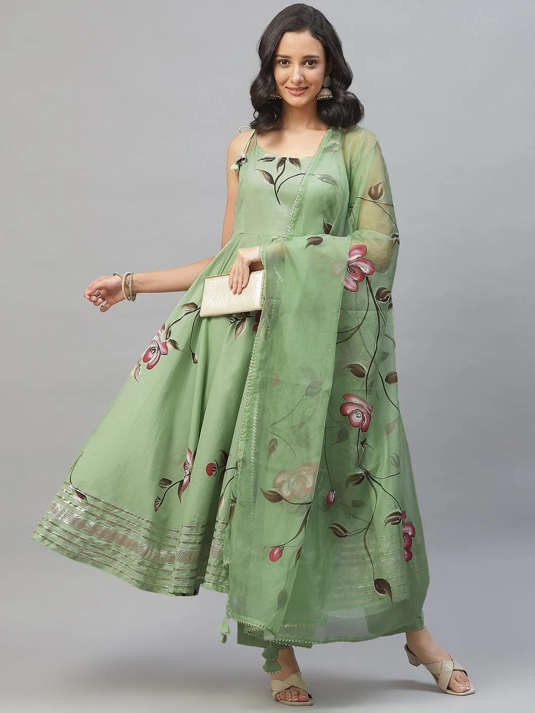 Light Green Hand Painted Floral Anarkali Kurta Pant Set With Dupatta