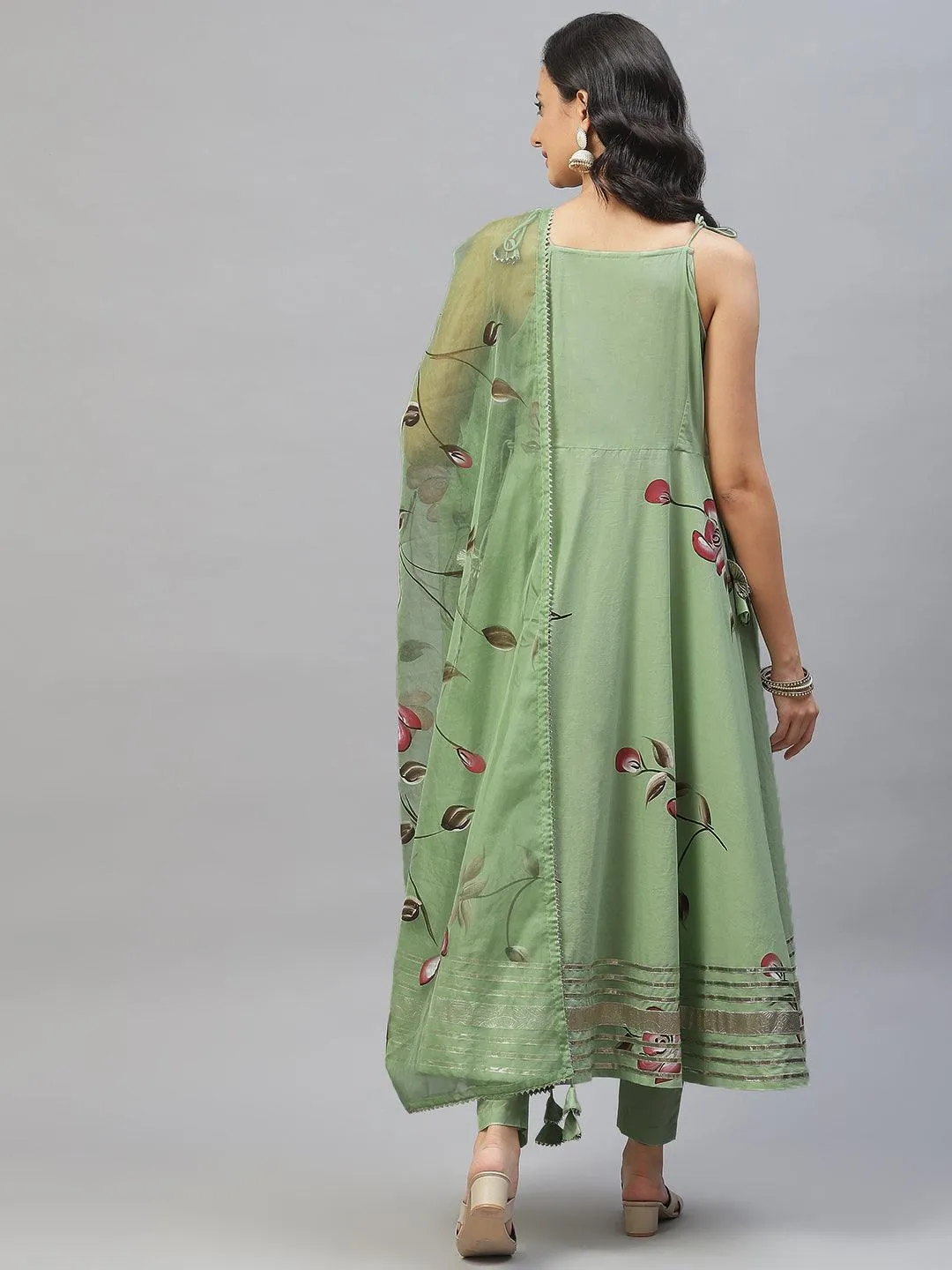 Light Green Hand Painted Floral Anarkali Kurta Pant Set With Dupatta