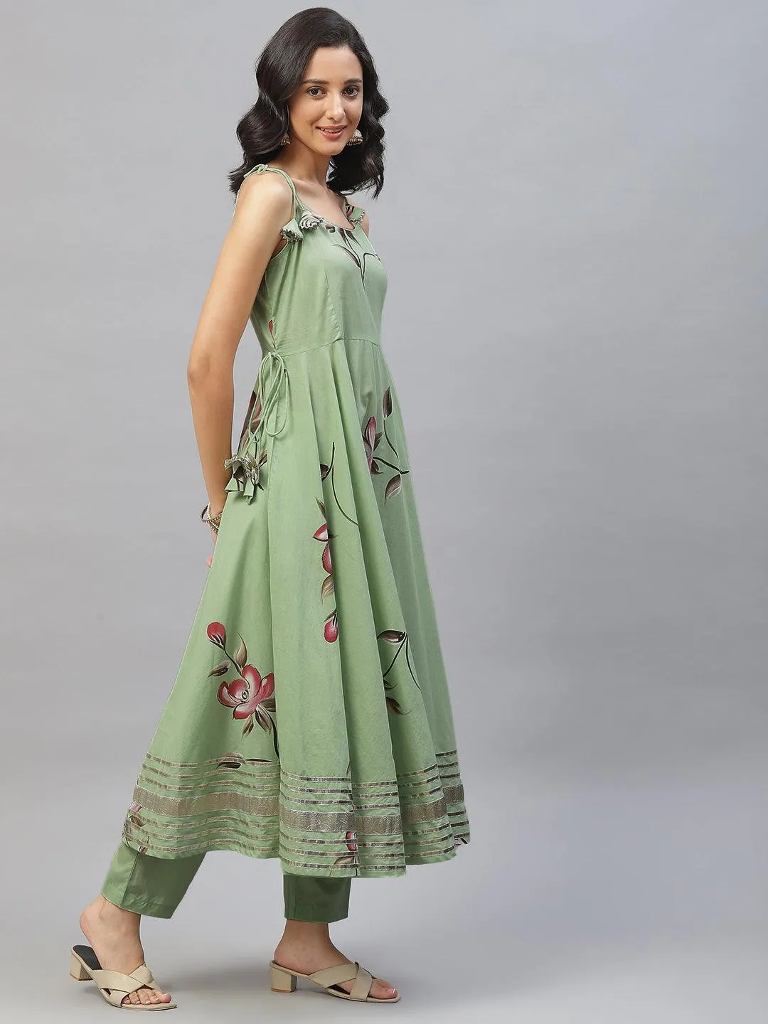Light Green Hand Painted Floral Anarkali Kurta Pant Set With Dupatta