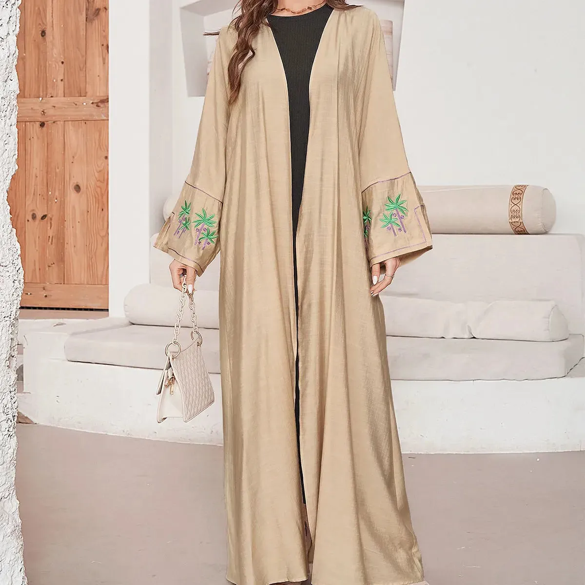 Long Sleeve Embroidered Casual Open Abaya