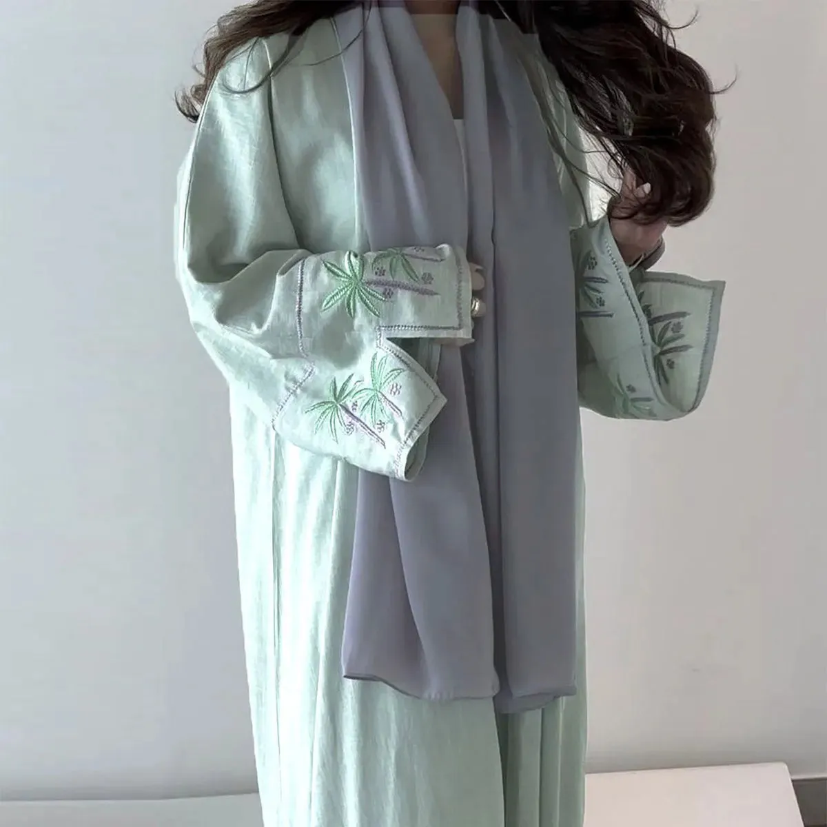 Long Sleeve Embroidered Casual Open Abaya