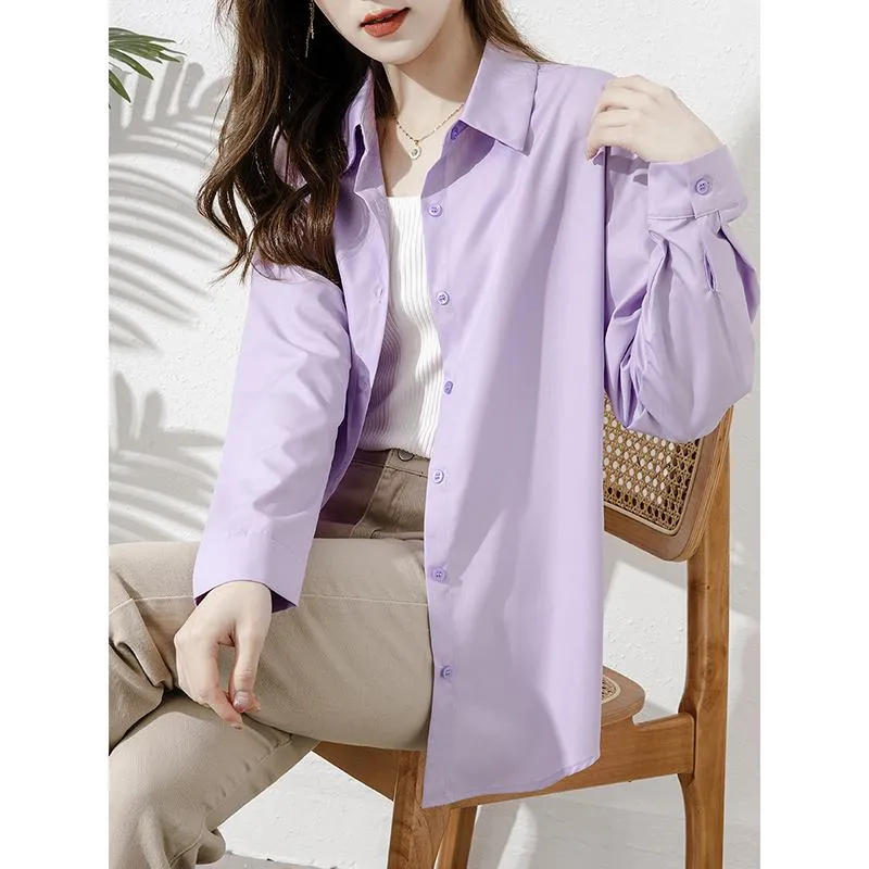 Loose Fit Long Sleeve Purple Outerwear Sun Protection Thin Casual Shirt