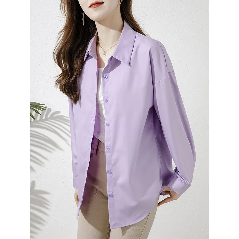 Loose Fit Long Sleeve Purple Outerwear Sun Protection Thin Casual Shirt