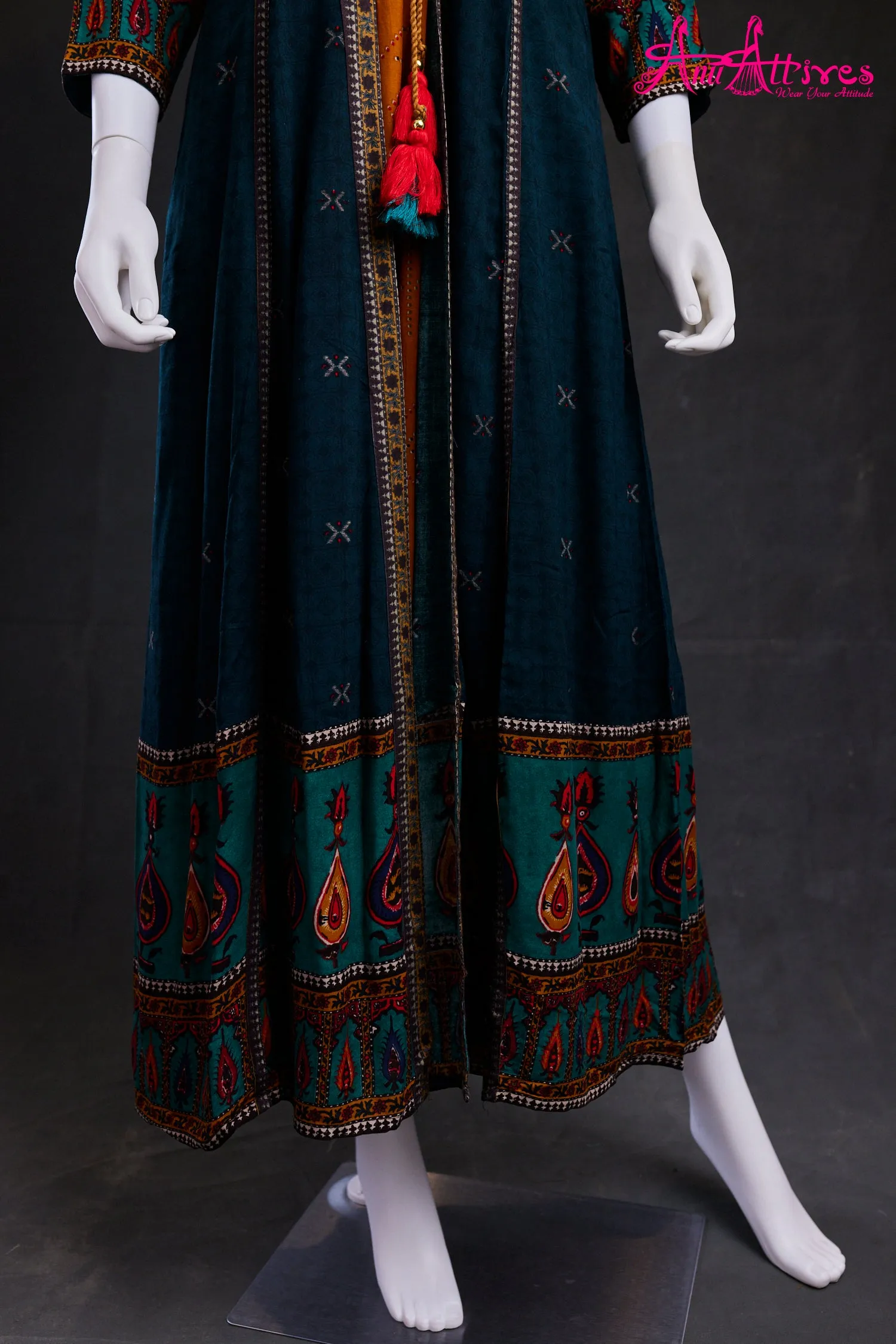Mustard and Bottle Green Over Coat A-Line Kurti