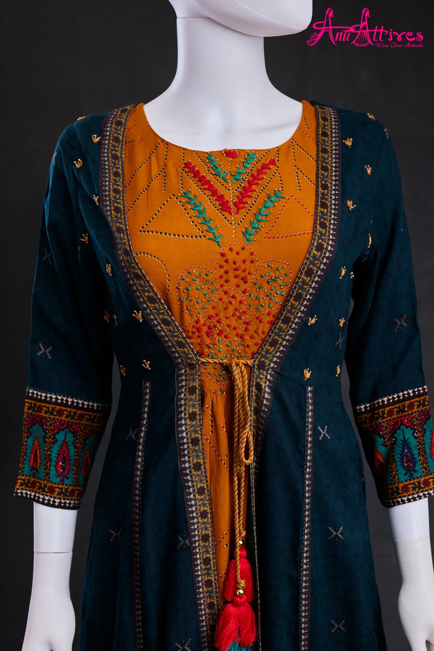 Mustard and Bottle Green Over Coat A-Line Kurti