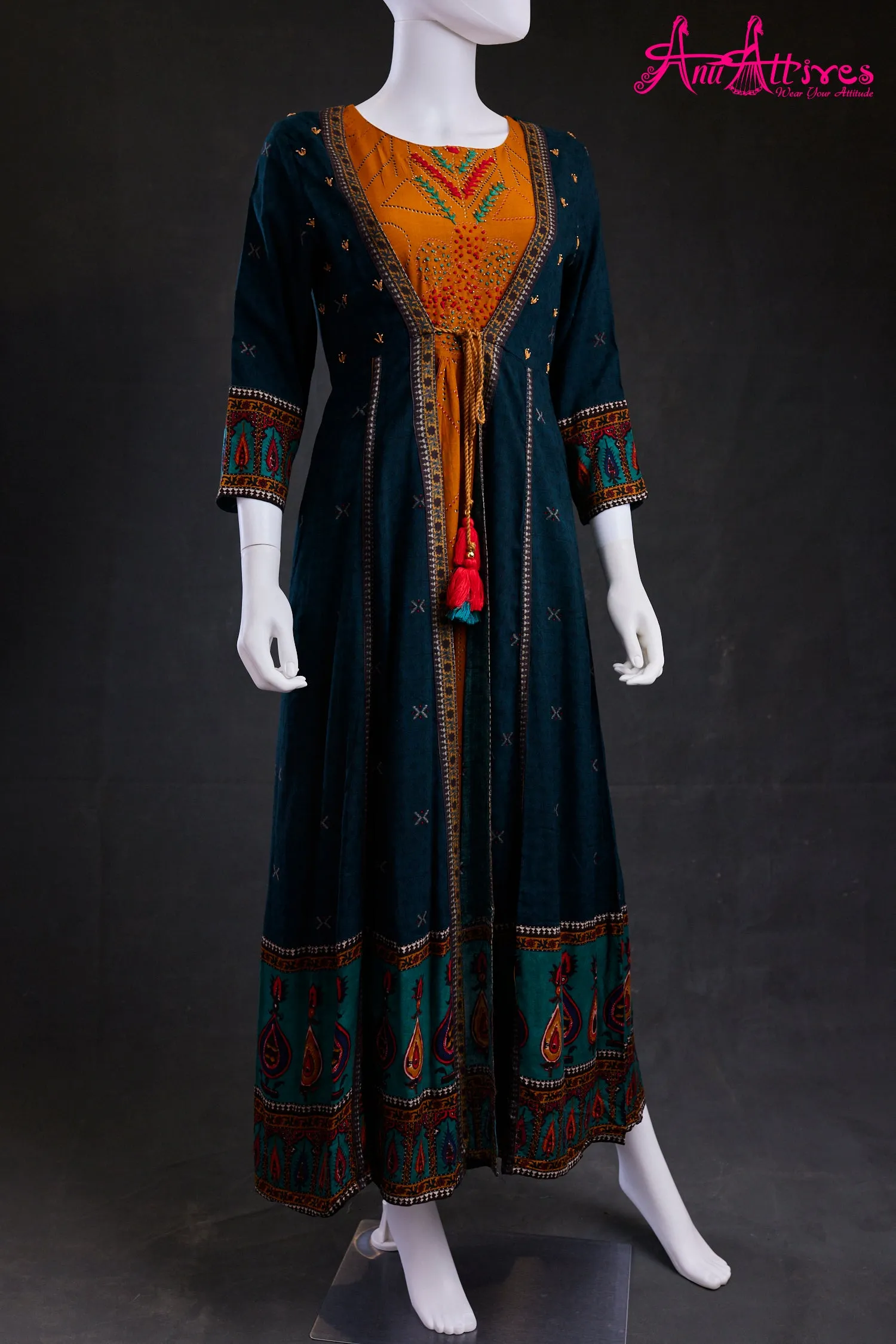 Mustard and Bottle Green Over Coat A-Line Kurti