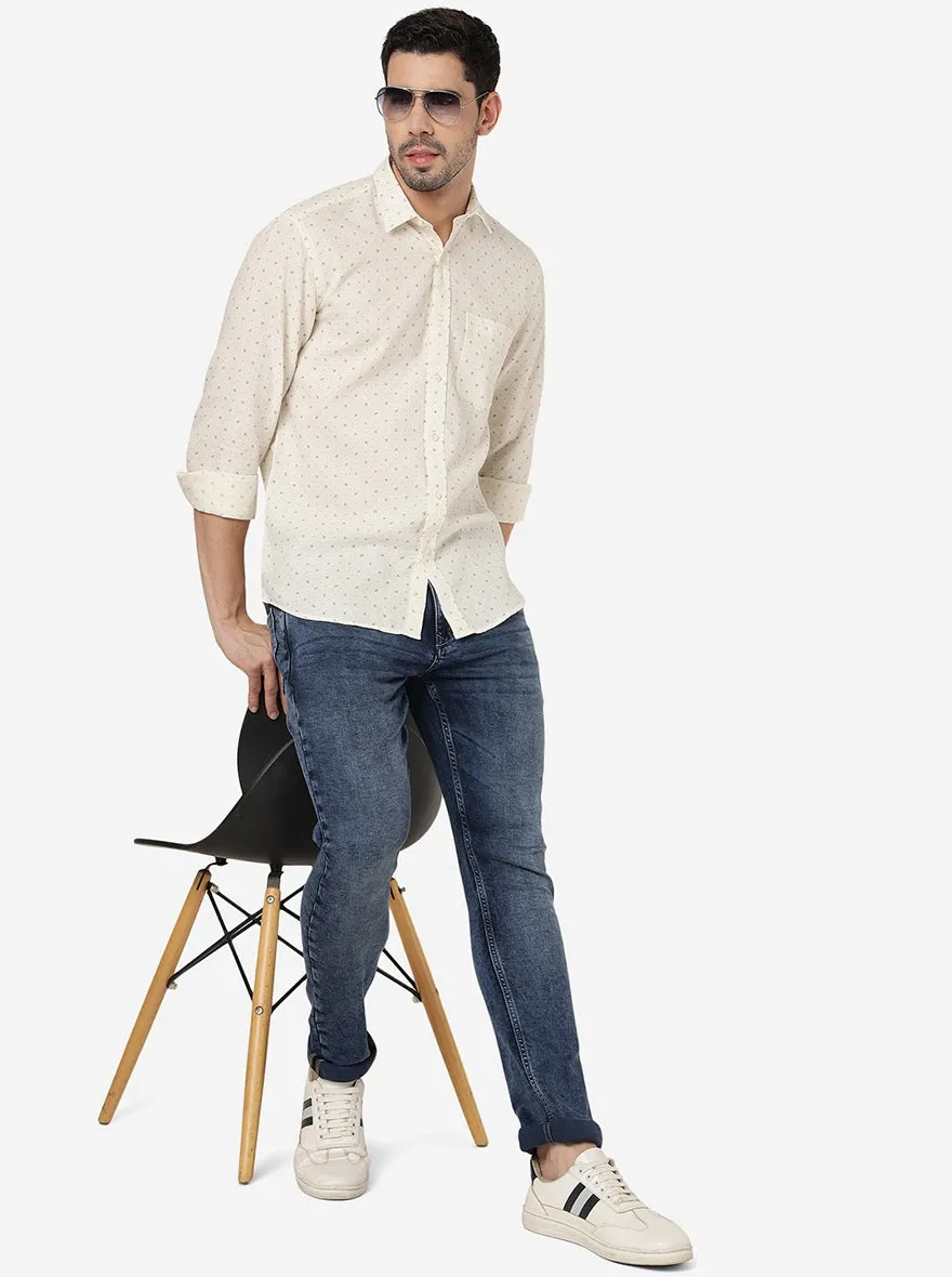 Off White Printed Slim Fit Semi Casual Shirt | JadeBlue