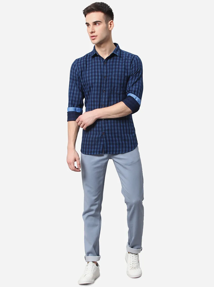 Peacock Blue Checked Slim Fit Semi Casual Shirt | JadeBlue