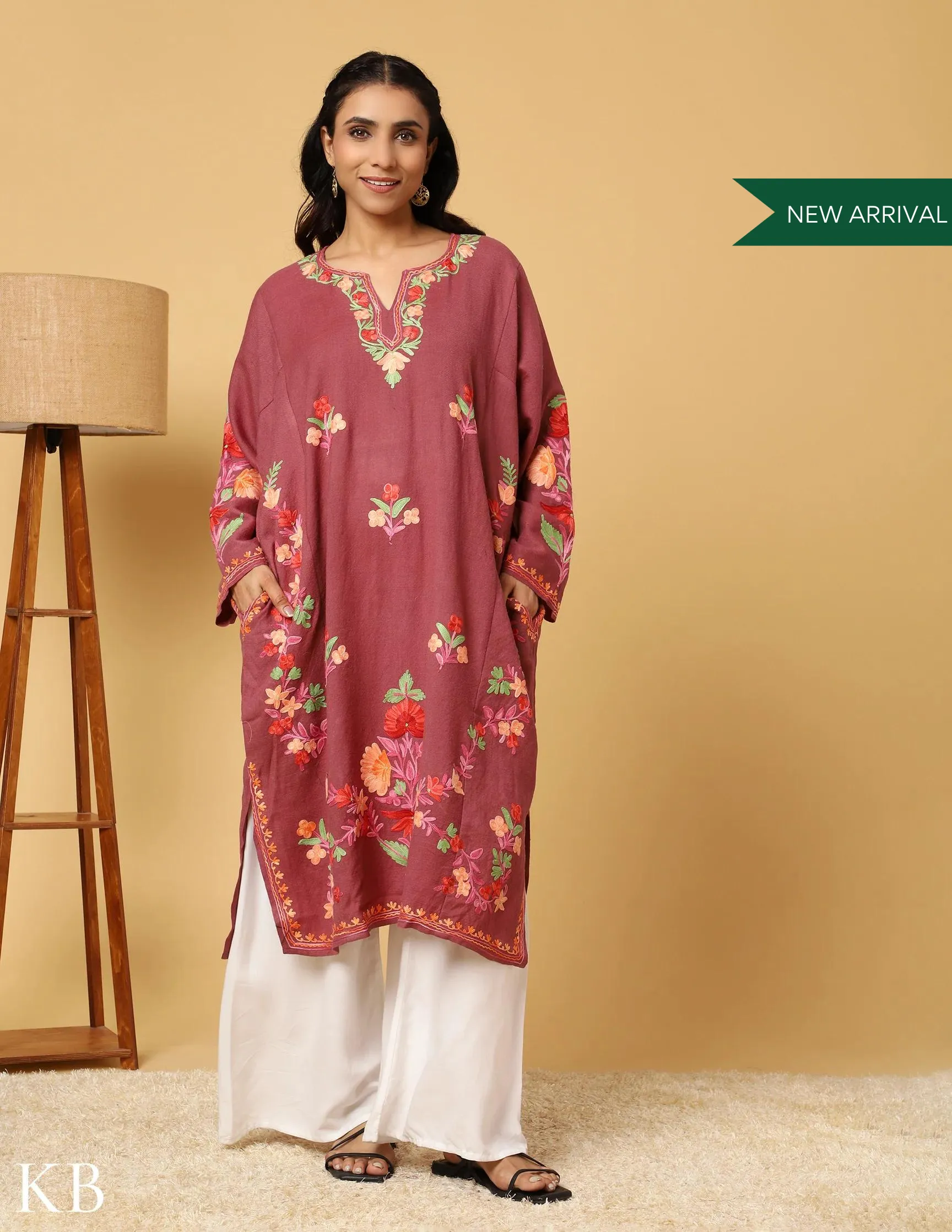 Peony Pink Aari Embroidered Pure Wool Phiran