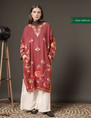 Peony Pink Aari Embroidered Pure Wool Phiran