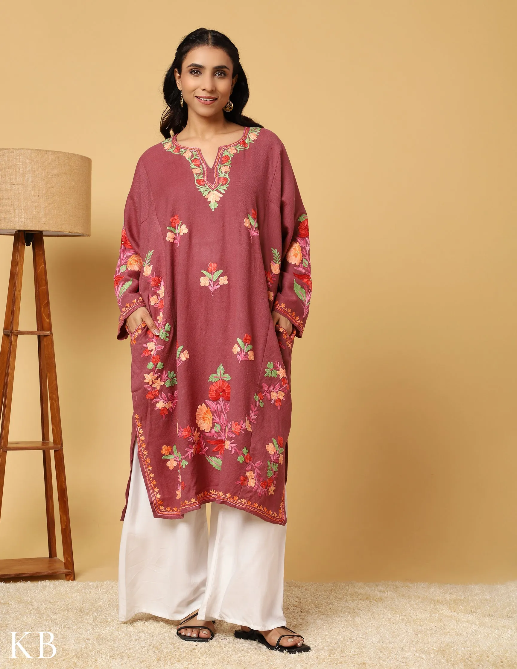 Peony Pink Aari Embroidered Pure Wool Phiran