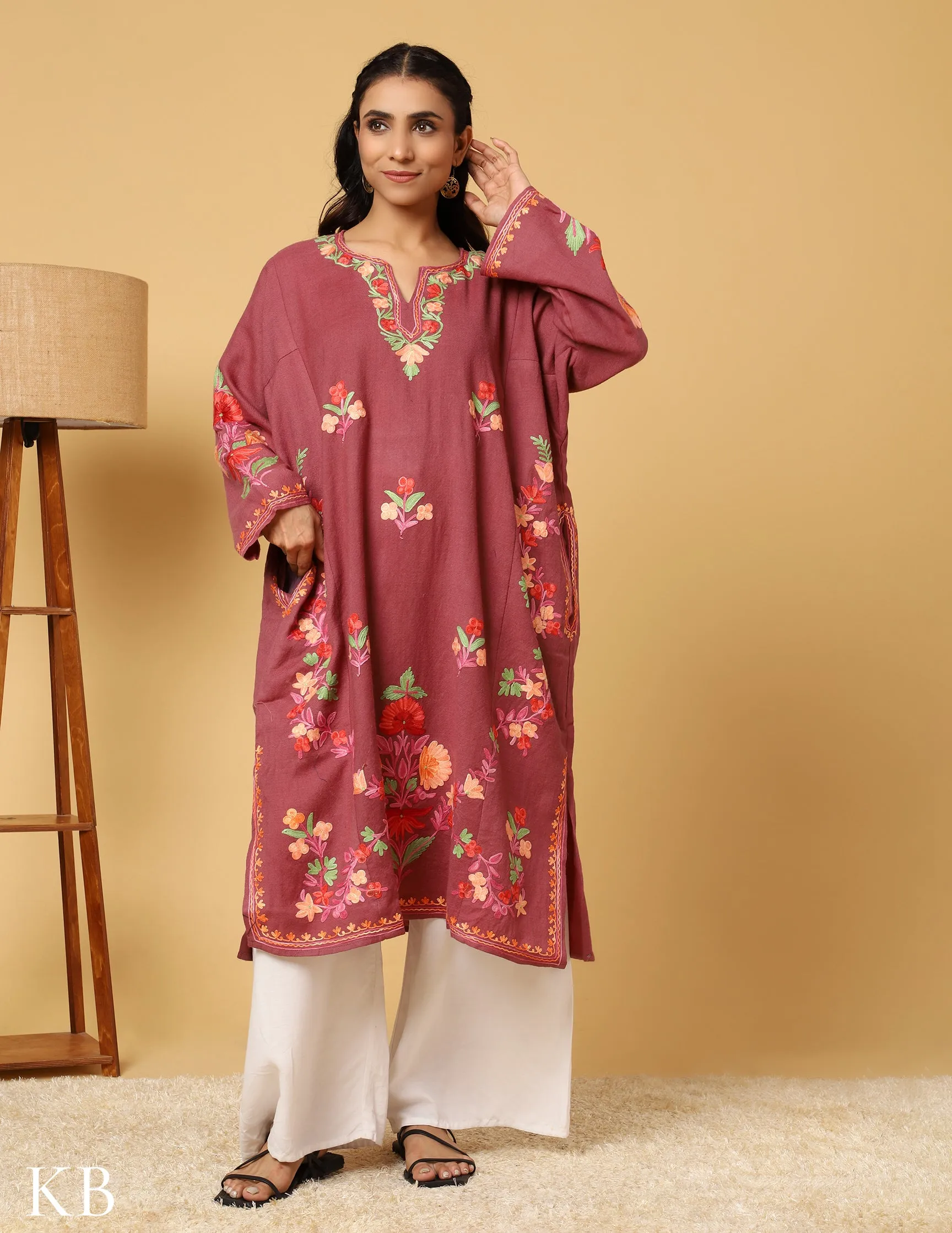 Peony Pink Aari Embroidered Pure Wool Phiran