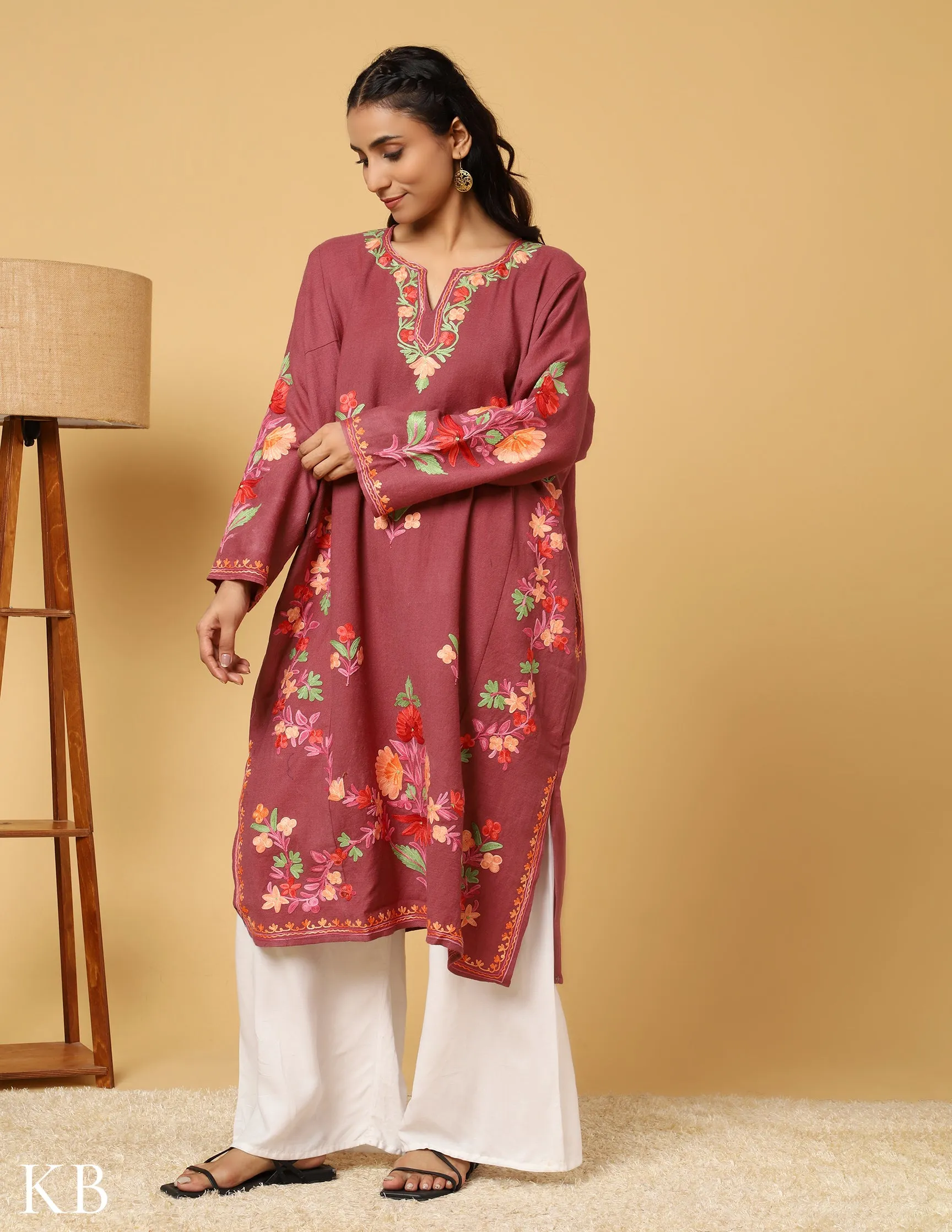 Peony Pink Aari Embroidered Pure Wool Phiran