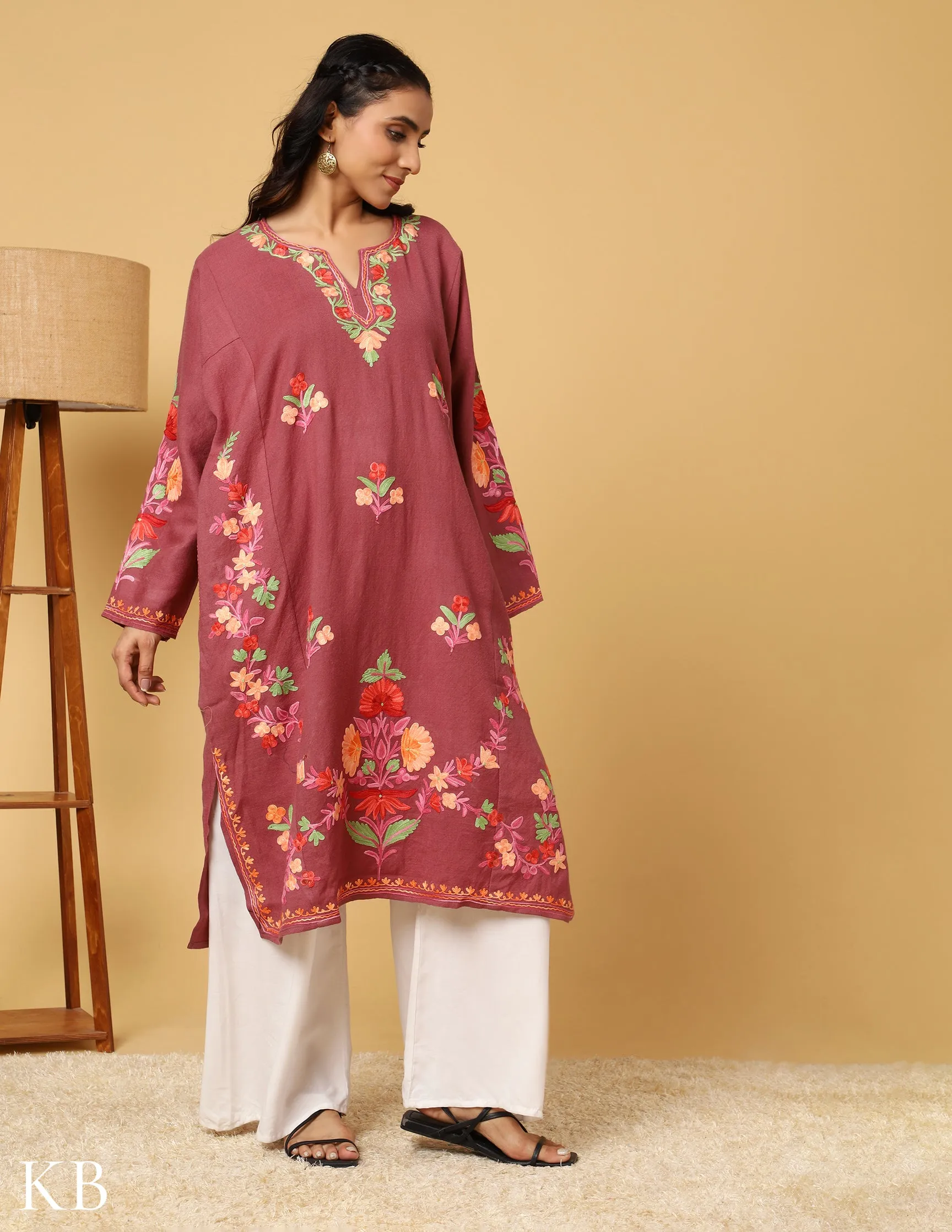 Peony Pink Aari Embroidered Pure Wool Phiran