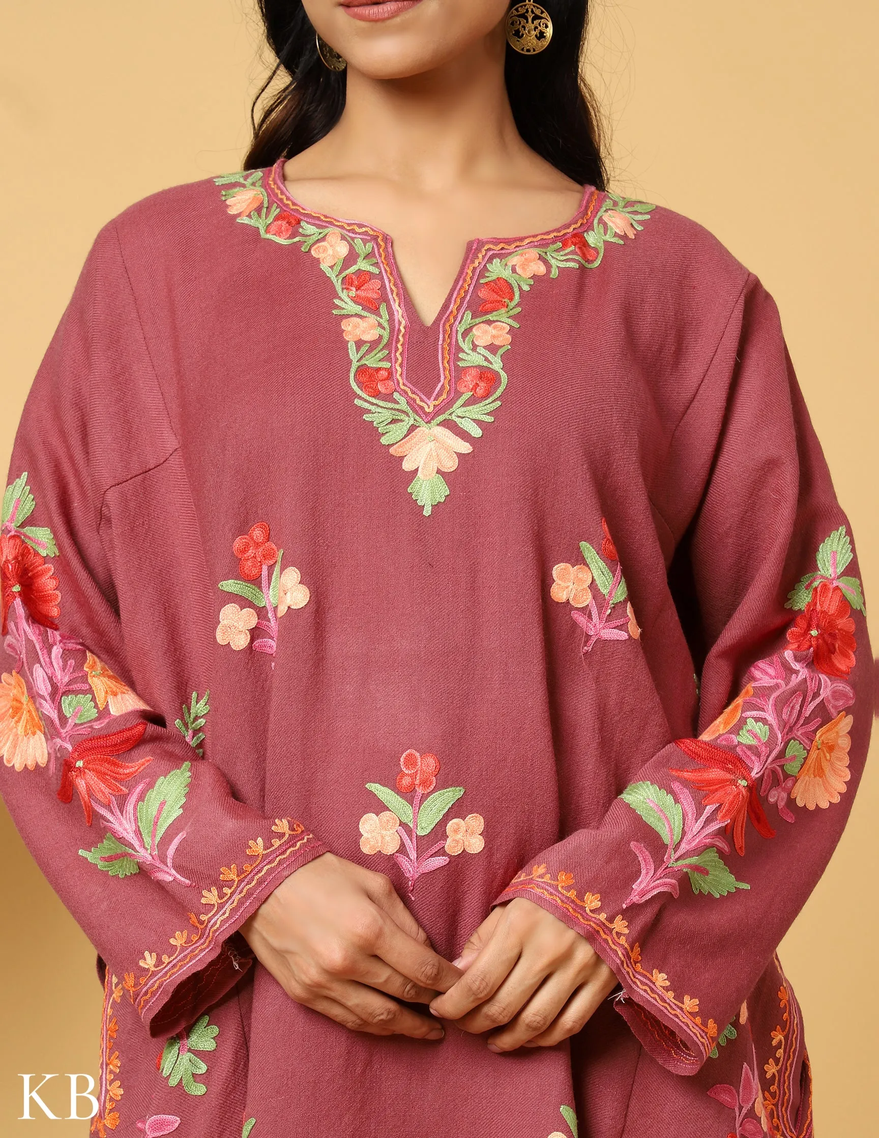 Peony Pink Aari Embroidered Pure Wool Phiran