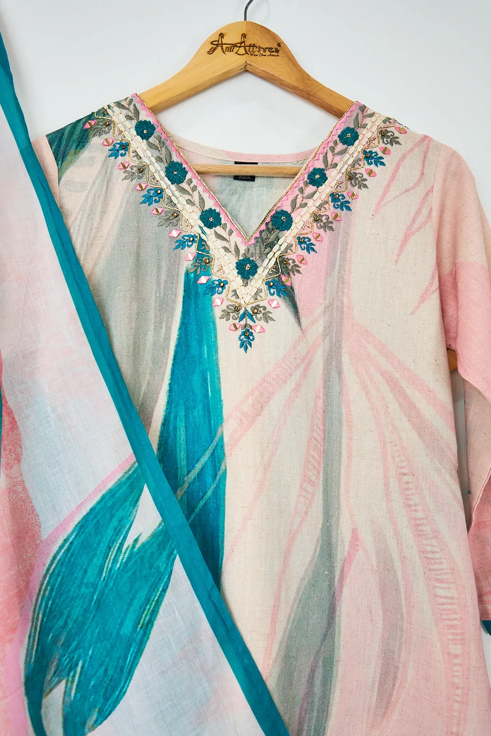 Pink and Green Kurta, Pants and Dupatta set