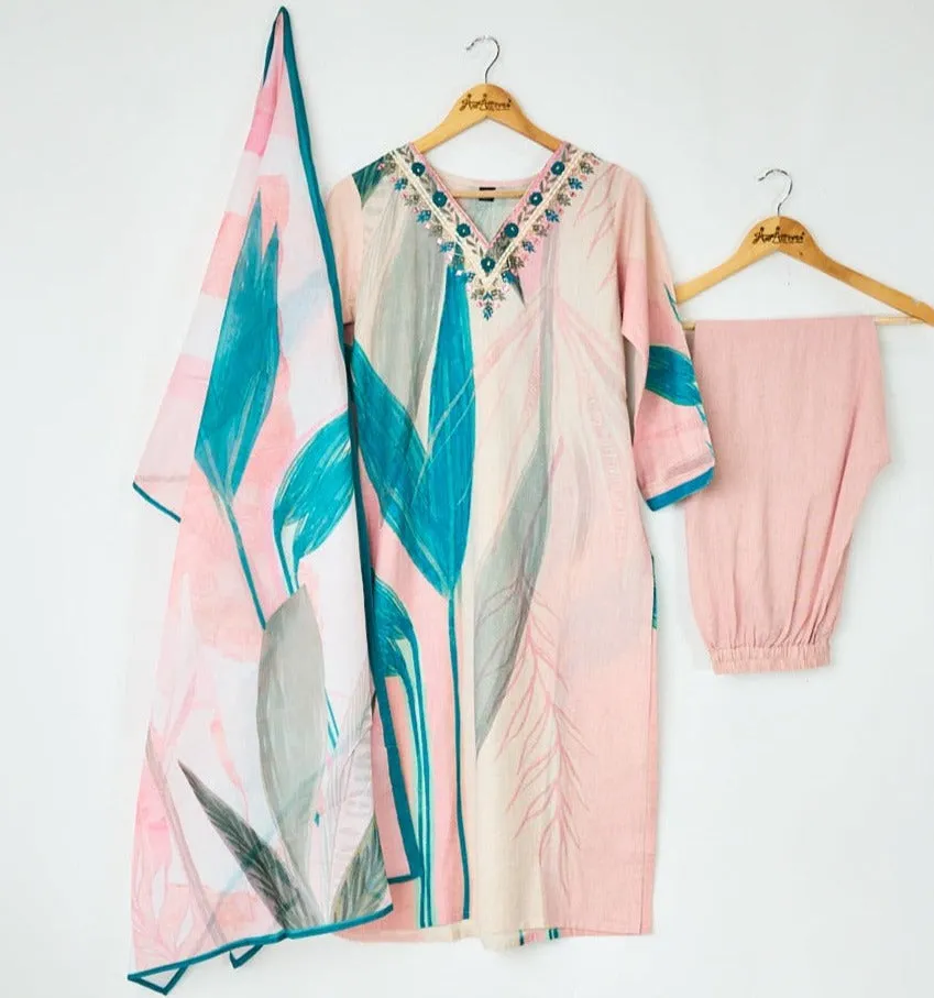 Pink and Green Kurta, Pants and Dupatta set