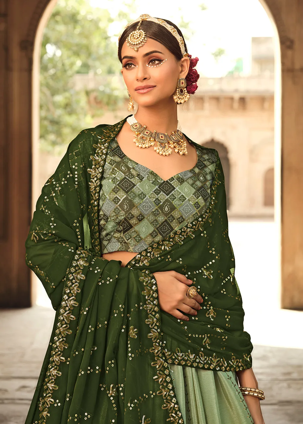 Pista Green to Olive Multi Color Sequins Festive Lehenga Choli