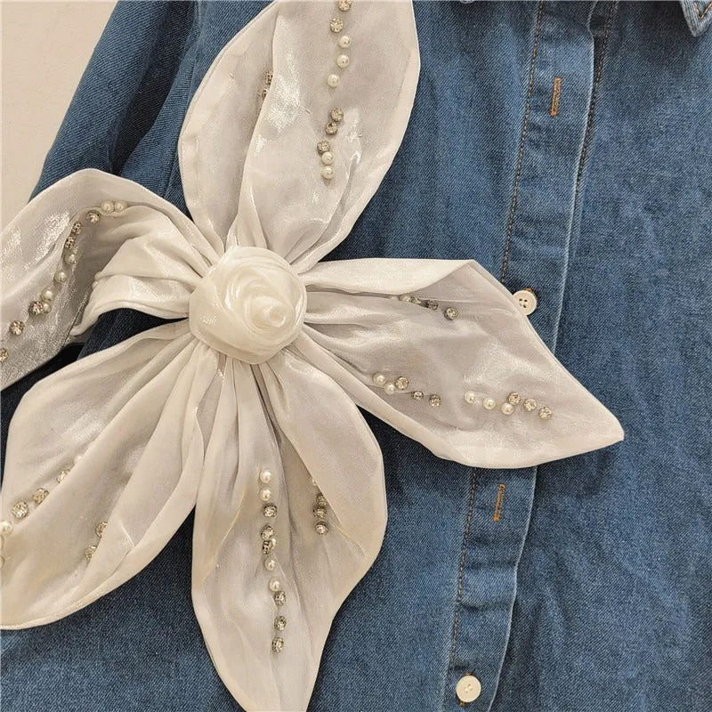 Pre Order:  Nail Bead 3D Flower Splicing Denim Shirt