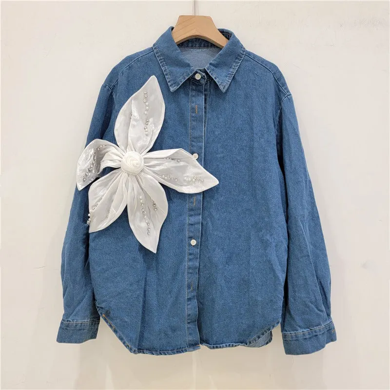 Pre Order:  Nail Bead 3D Flower Splicing Denim Shirt