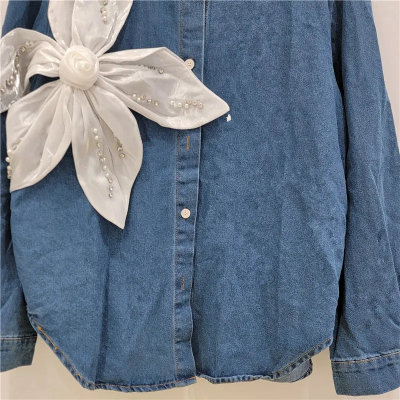 Pre Order:  Nail Bead 3D Flower Splicing Denim Shirt