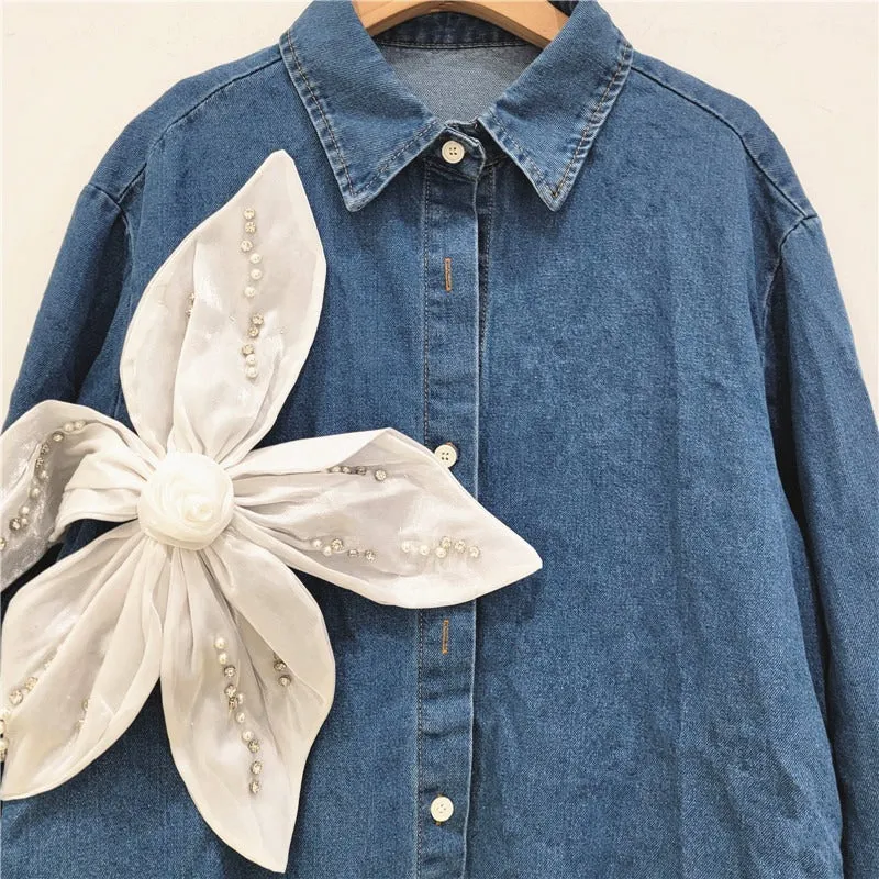 Pre Order:  Nail Bead 3D Flower Splicing Denim Shirt