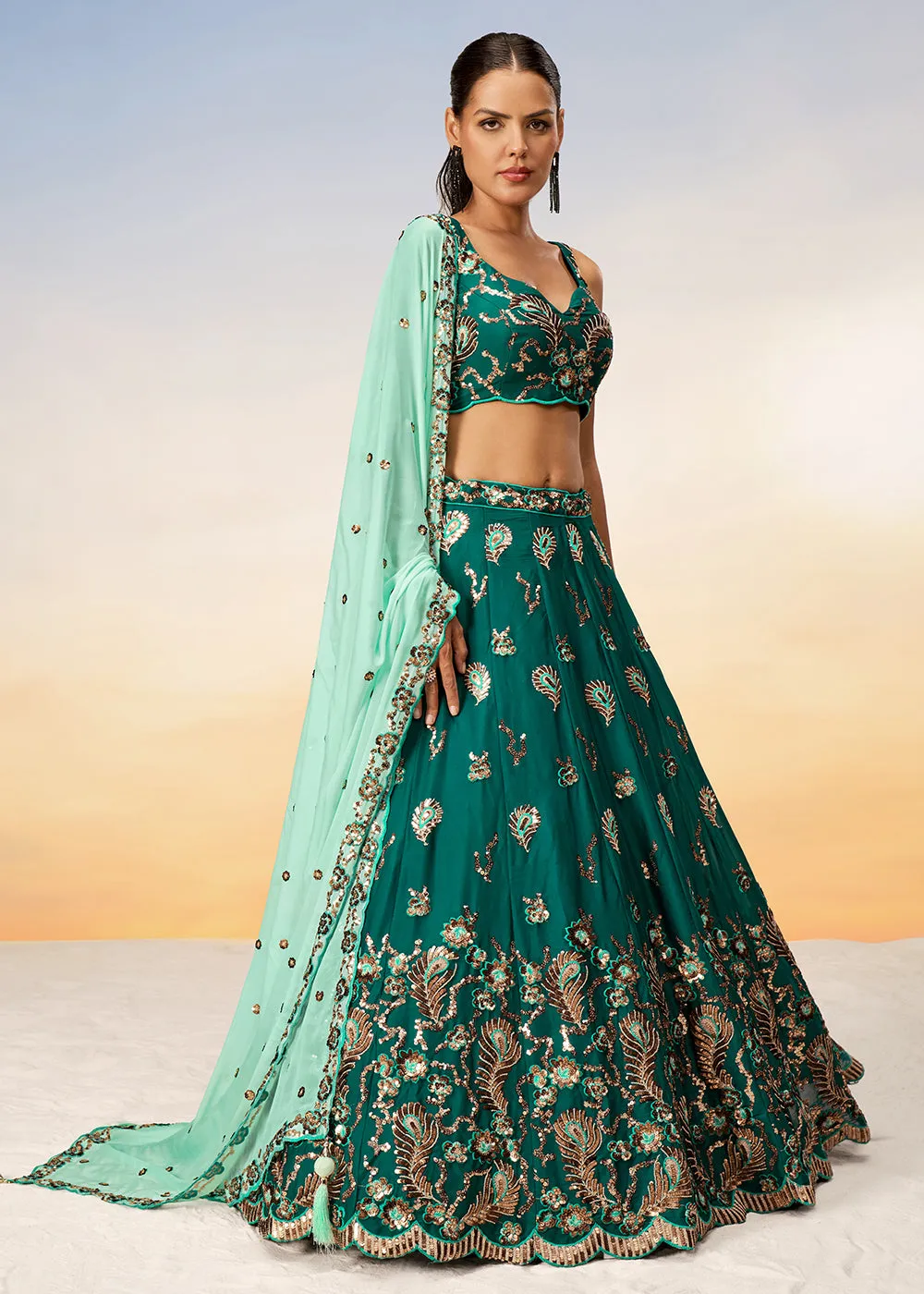 Pretty Green Sequins Embroidered Designer Lehenga Choli
