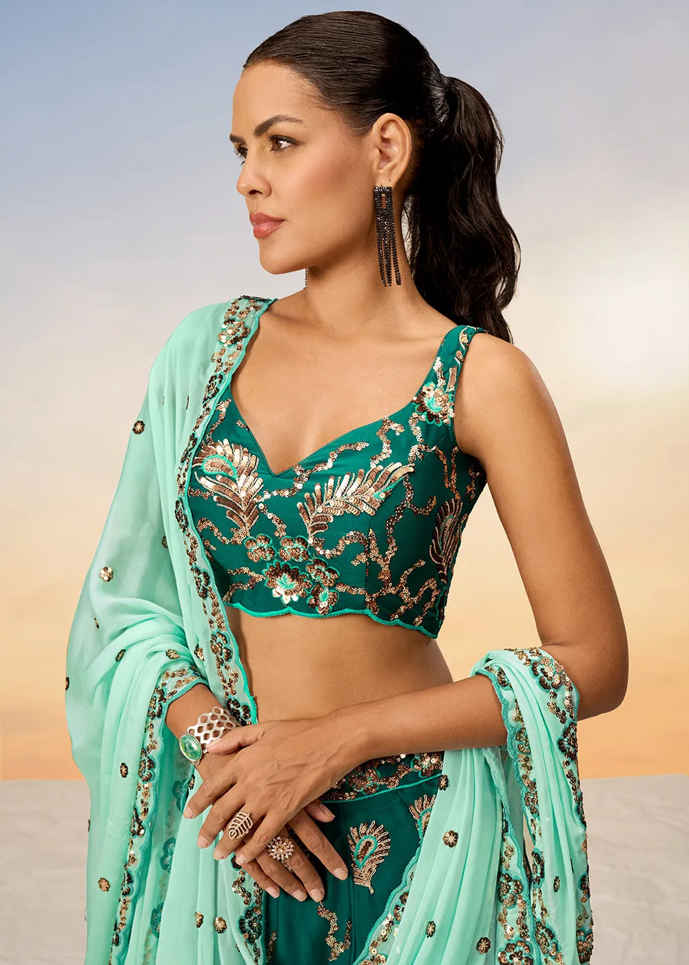 Pretty Green Sequins Embroidered Designer Lehenga Choli