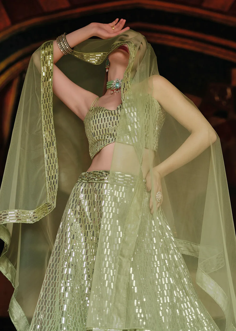 Pure Butterfly Pista Green Sequins Work Lehenga Choli