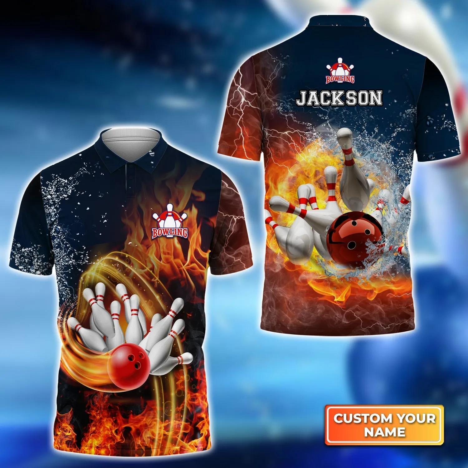 Red Bowl And Pins In Water And Fire Personalized Name 3D Polo Shirt, Gift for Bowler