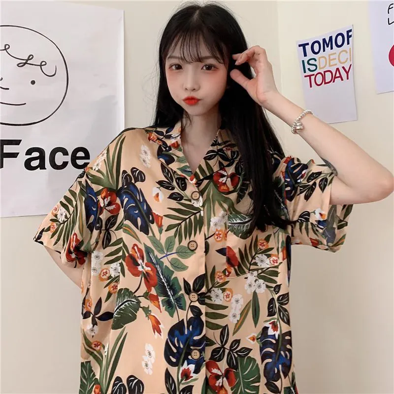 Retro Button Casual Print V-Neck Shirt