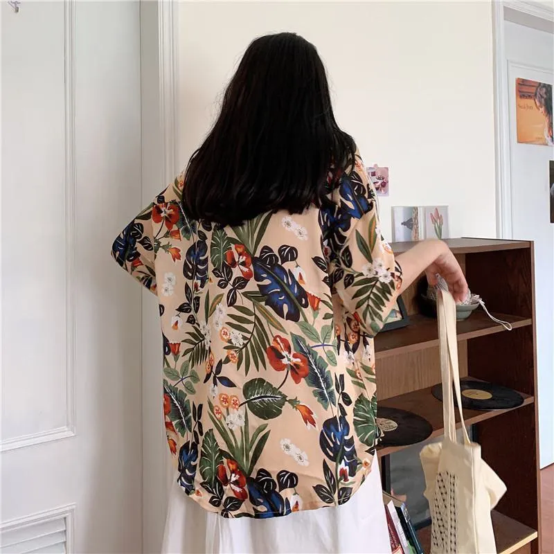 Retro Button Casual Print V-Neck Shirt