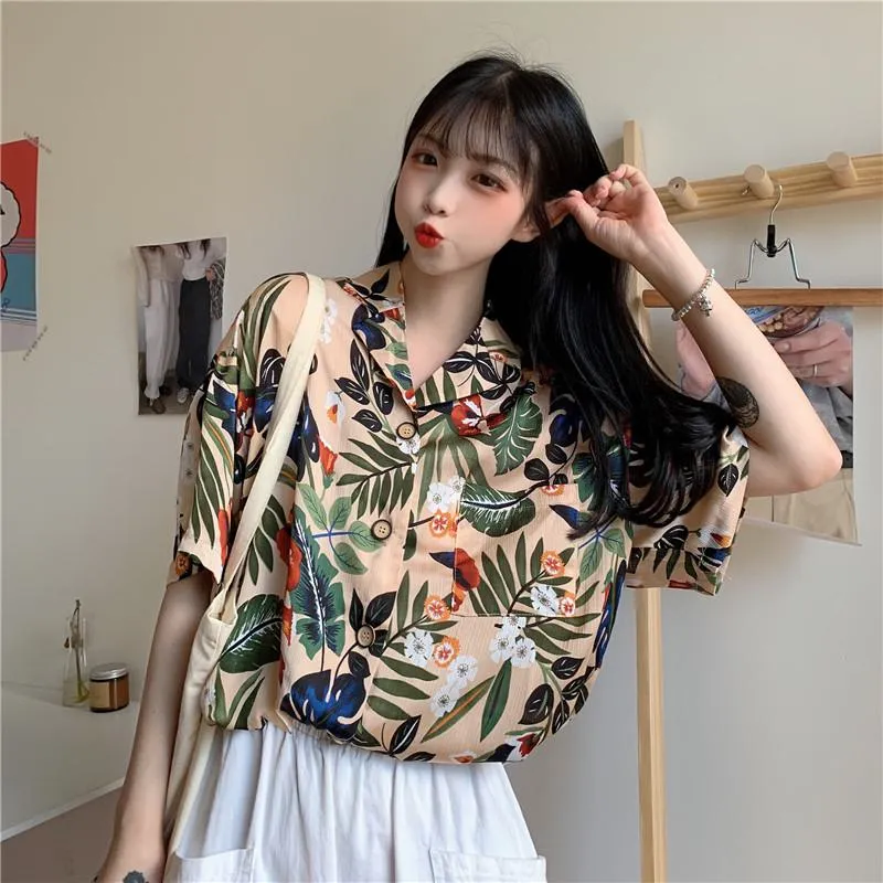 Retro Button Casual Print V-Neck Shirt