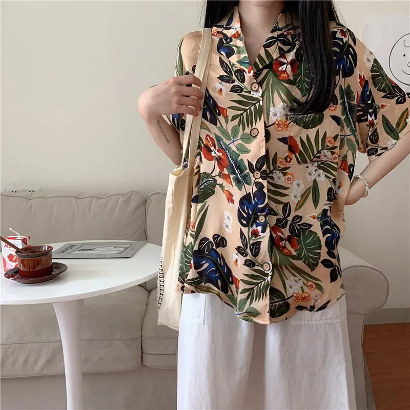 Retro Button Casual Print V-Neck Shirt