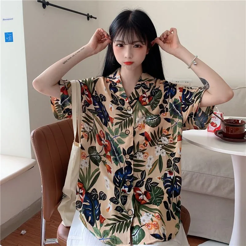 Retro Button Casual Print V-Neck Shirt