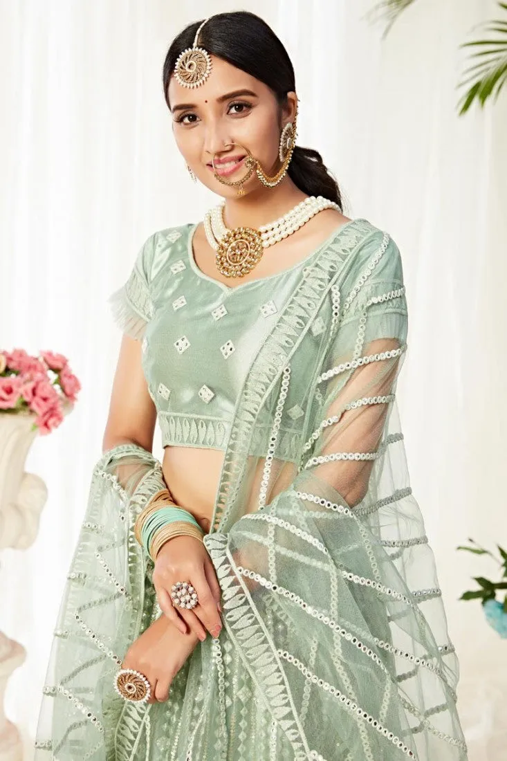 Sea Green Thread Embroidered A-Line Lehenga Choli