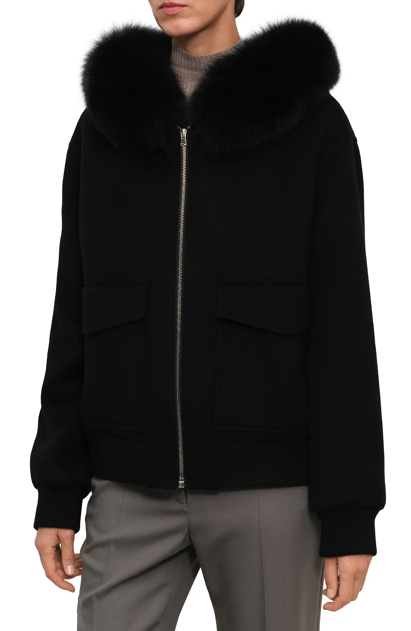 Short cashmere wool jacket with fox fur hood