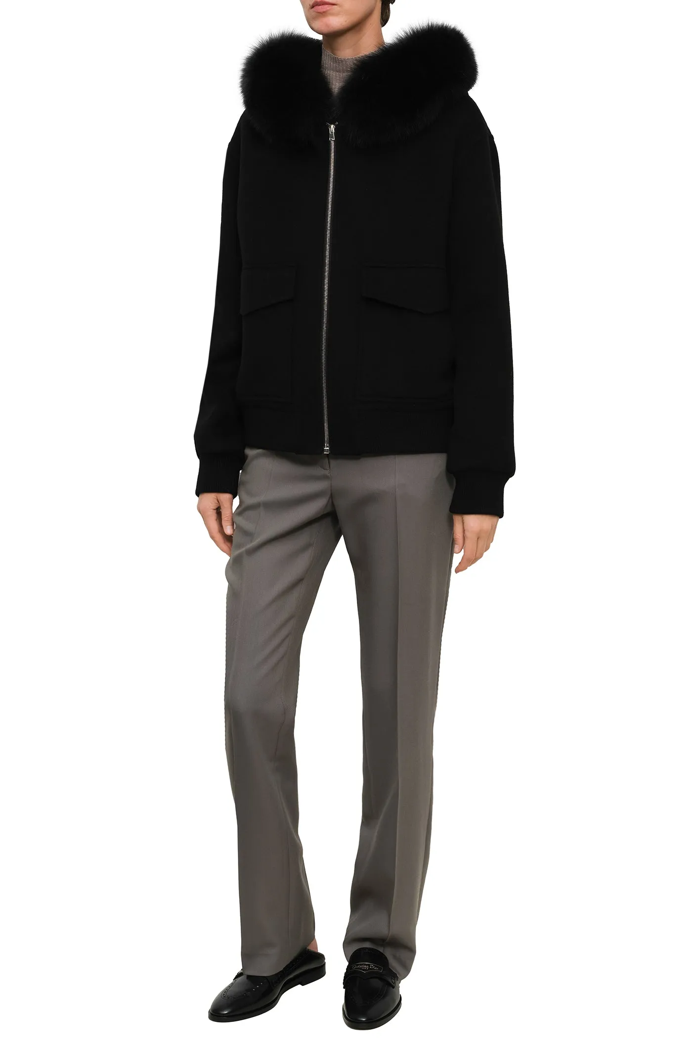 Short cashmere wool jacket with fox fur hood