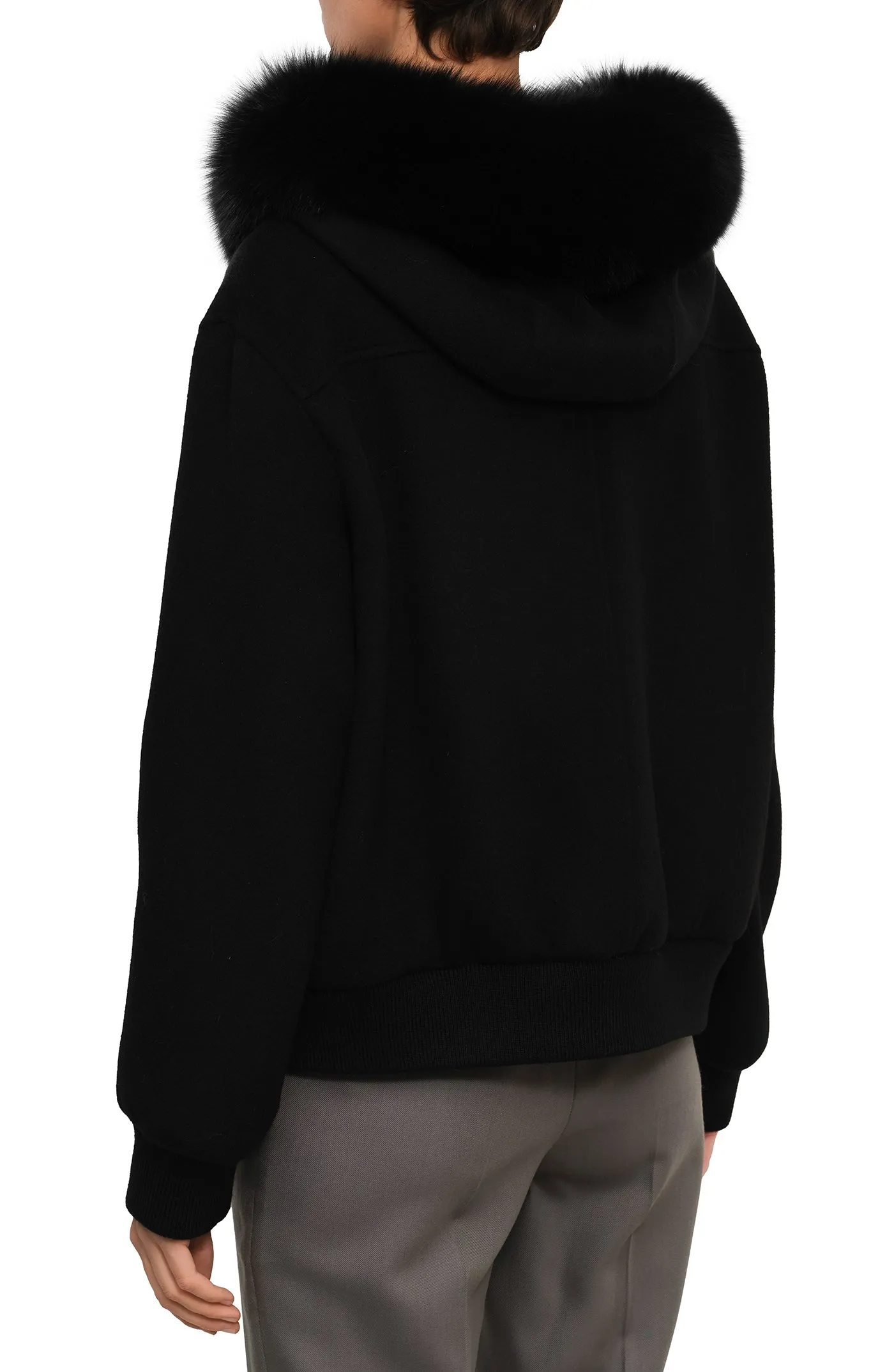 Short cashmere wool jacket with fox fur hood
