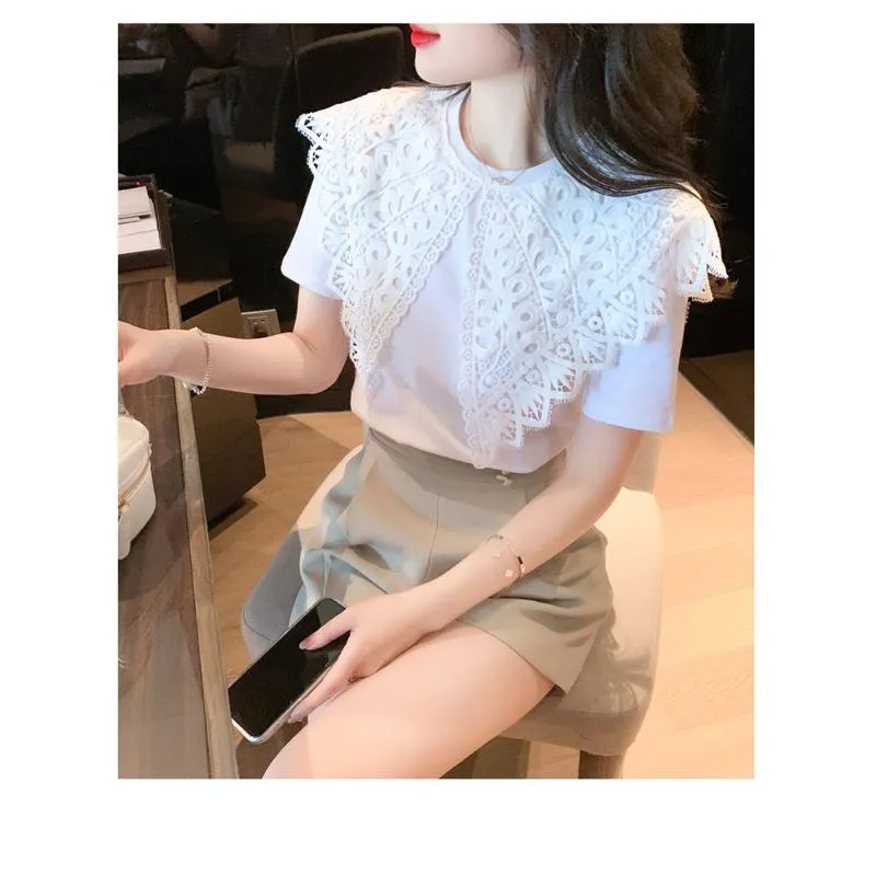 Slimming Pure Cotton Lace Patchwork Blouse