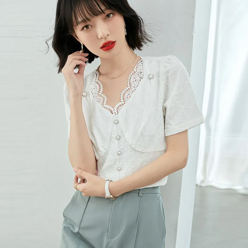Slimming White Lace Chiffon V-Neck Patchwork Anti-Aging Premium Blouse