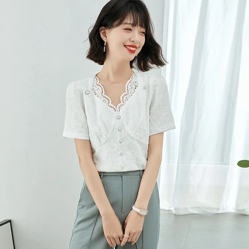 Slimming White Lace Chiffon V-Neck Patchwork Anti-Aging Premium Blouse