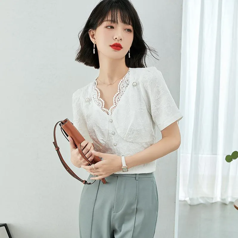 Slimming White Lace Chiffon V-Neck Patchwork Anti-Aging Premium Blouse