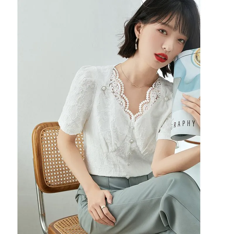 Slimming White Lace Chiffon V-Neck Patchwork Anti-Aging Premium Blouse