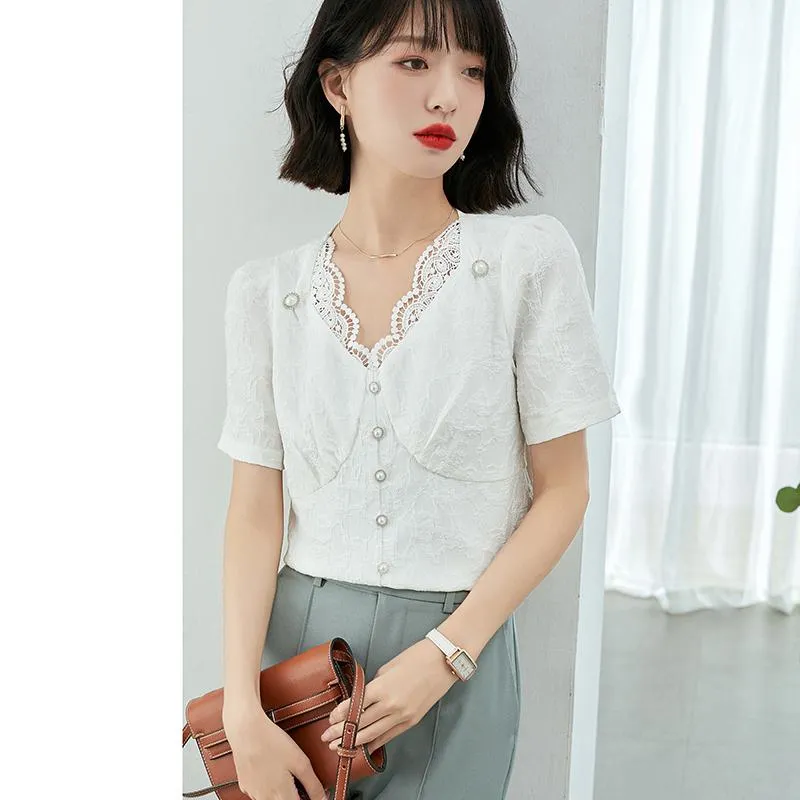 Slimming White Lace Chiffon V-Neck Patchwork Anti-Aging Premium Blouse