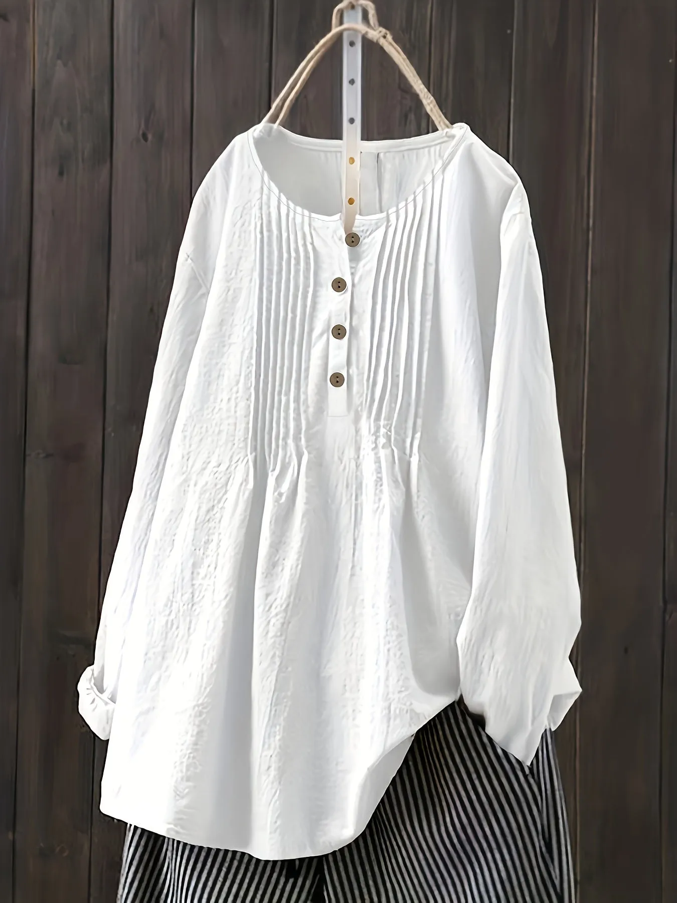 Springready Plus Size Button Front Blouse in Casual Crew Neck