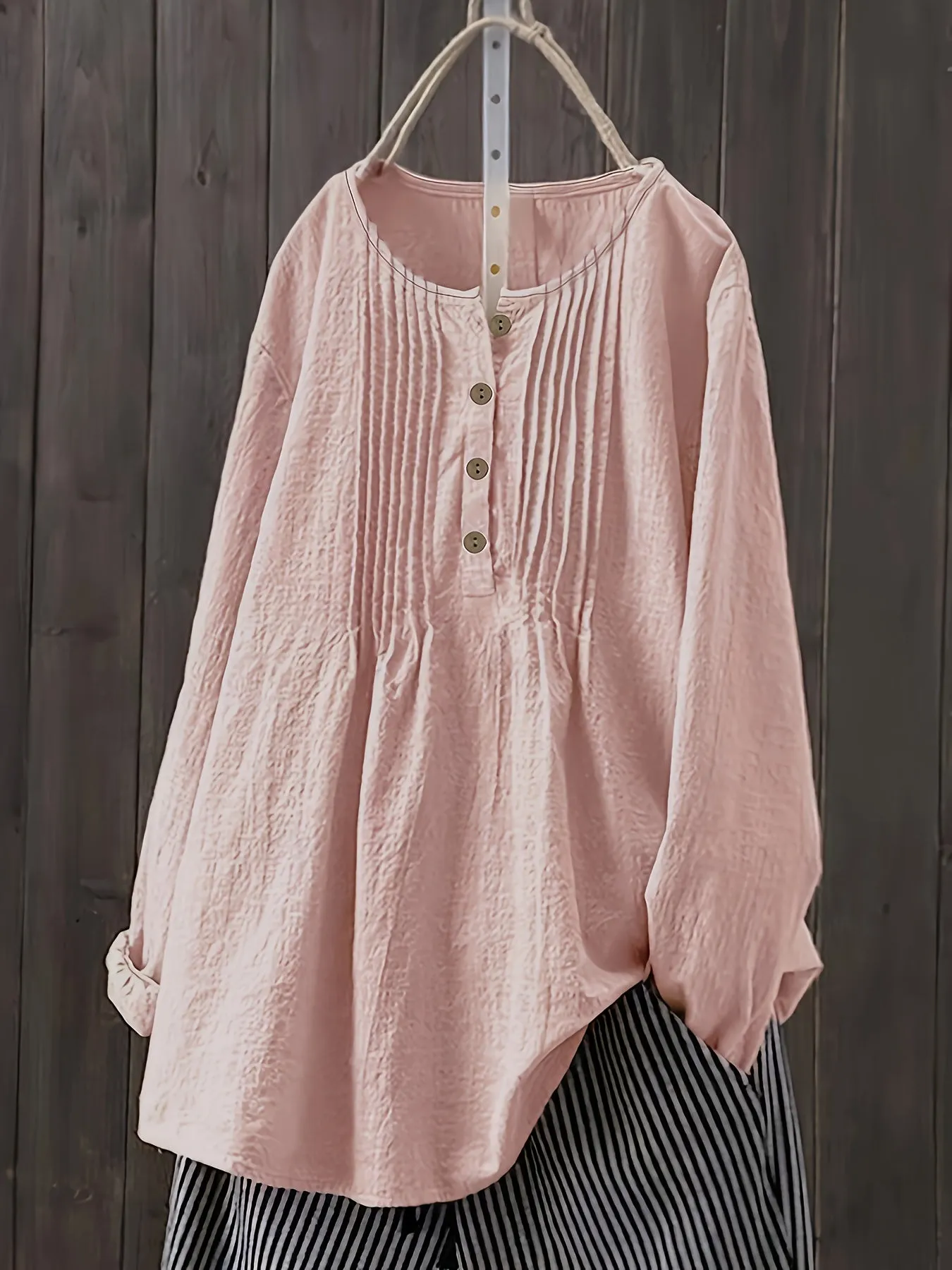 Springready Plus Size Button Front Blouse in Casual Crew Neck