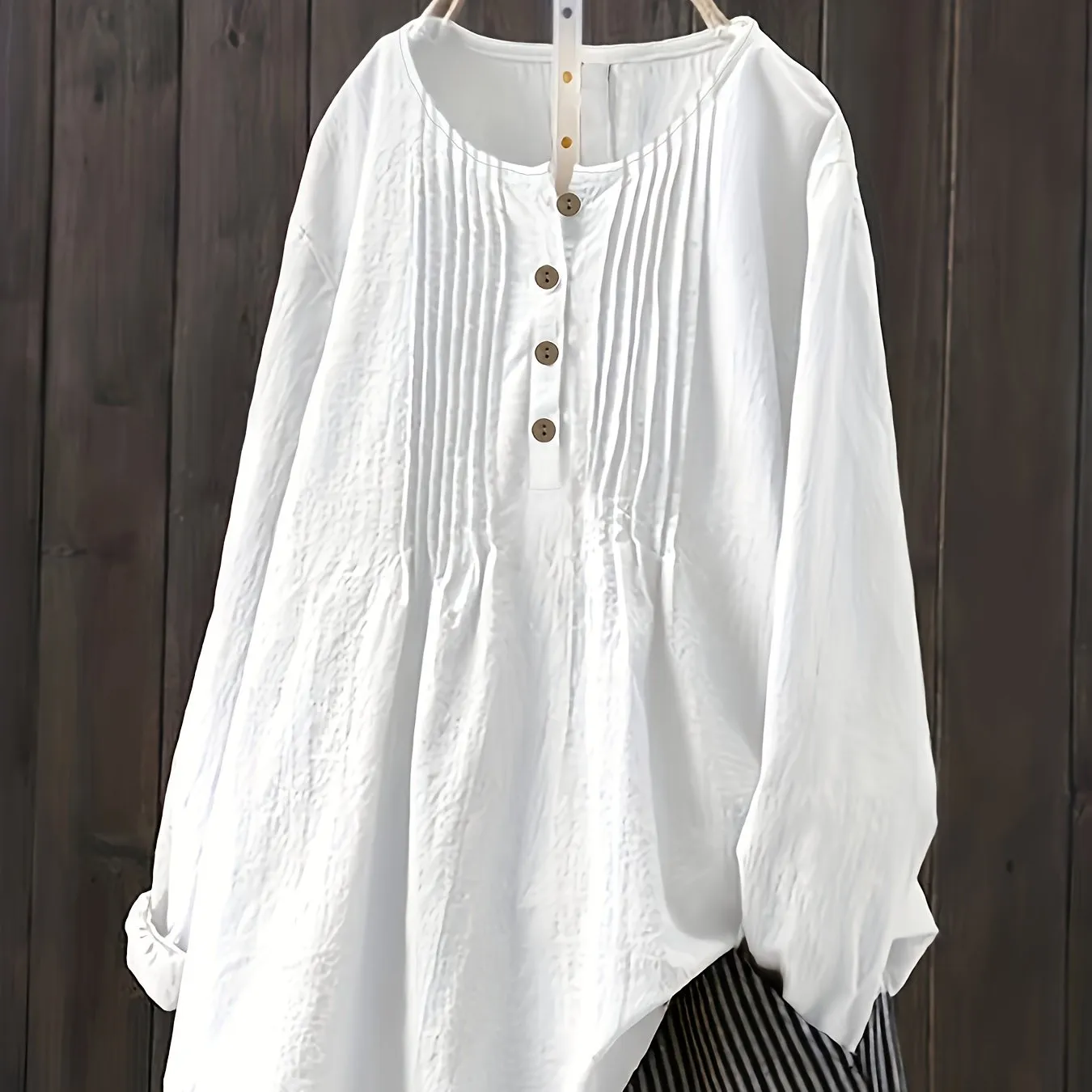 Springready Plus Size Button Front Blouse in Casual Crew Neck