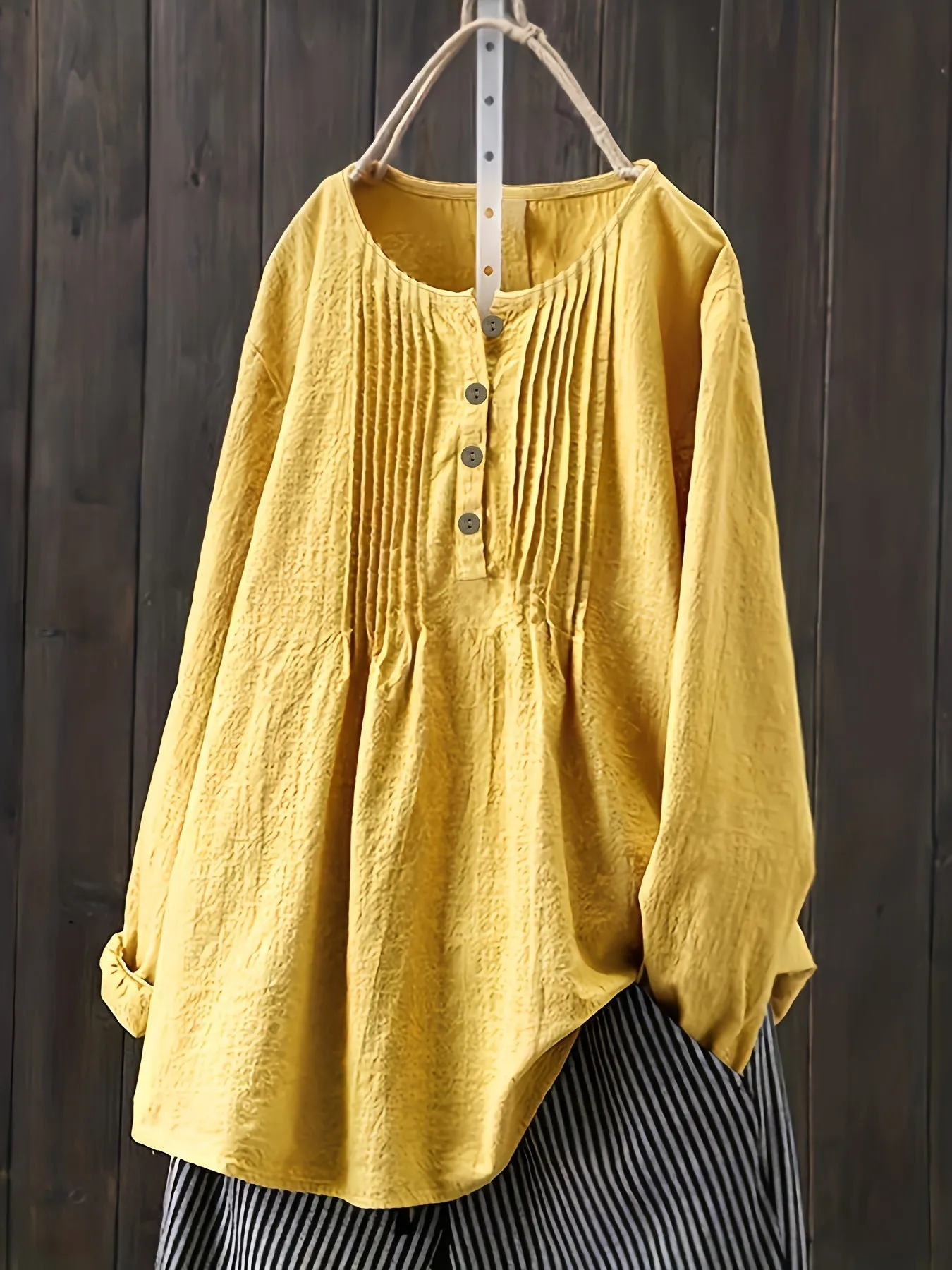 Springready Plus Size Button Front Blouse in Casual Crew Neck